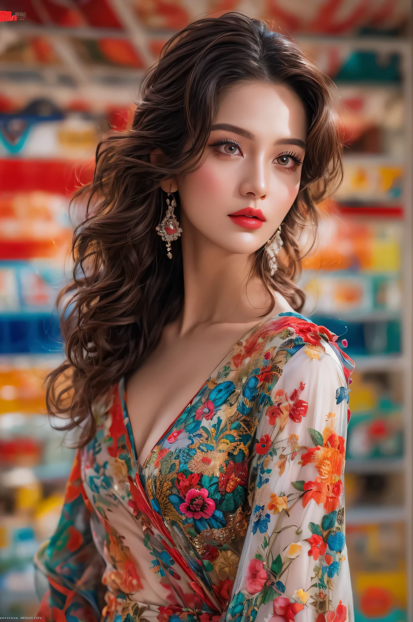 Realism, Realistic, ultra realistic details: velvety skin, symmetrical lips, (light glossy red_lipstick), long blue_eyelashes, pupils, (clear sharp focus, not blurry, Realistic brown_eyes:1.35), BREAK, ultra realistic 8k cg, masterpiece, best quality, intricate details, chromatic aberration, (anatomically correct), (perfect proportions), Hyper-Photorealistic ((portrait)) a cute 1model:1.4 24yo, pore and detailed, intricate detailed, graceful and beautiful textures, RAW photo, 16K, diffused sunlight, 8K, exceptionally detailed RAW color photo, professional-grade photograph, ultra-high resolution, (lenz 80mm), (F/1.2), A high fashion magazine cover photo shoot. A model stands elegantly against a vibrant white accented painterly multi coloured background, wearing a colorful, satin gown with, immaculate face-makeup. . The dress features a mix of bold colors and patterns, accentuating the model's silhouette. Her long, dark hair billows dramatically to the side, creating a sense of movement, while her makeup is striking, with bold eye makeup and red lips. She gazes confidently over her shoulder