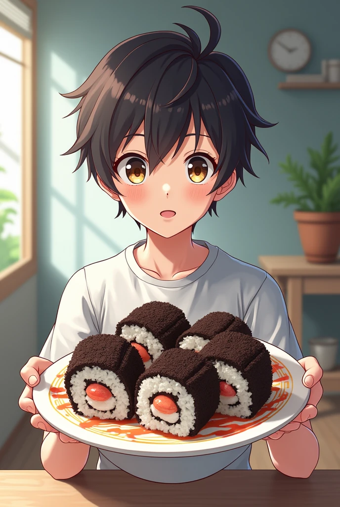 Person holding a plate with oreo sushi on top in a bowl anime man