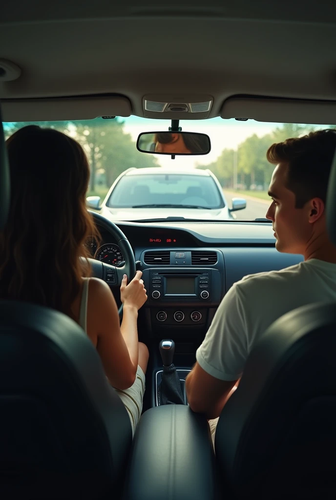 just a woman with long black hair, caramel skin, with the car parked, hands on the steering wheel. in front of her there is a silver Honda City car with the blond man at the wheel. the point of view of the photo is from the back seat of her car.  human photo

