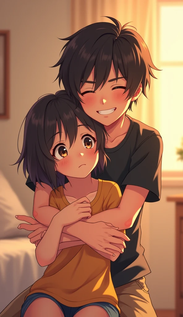 "A 21 year-old thin anime boy with short black hair playfully wraps his arms around his sister’s waist from behind in a warm, cozy room. He’s smiling in a mischievous, yet cheerful way, while she laughs, her face showing a mix of shyness and joy as she leans slightly forward. Both are casually dressed, with the boy in a black t-shirt. The room is softly lit, with warm tones, creating a lighthearted and affectionate sibling moment."