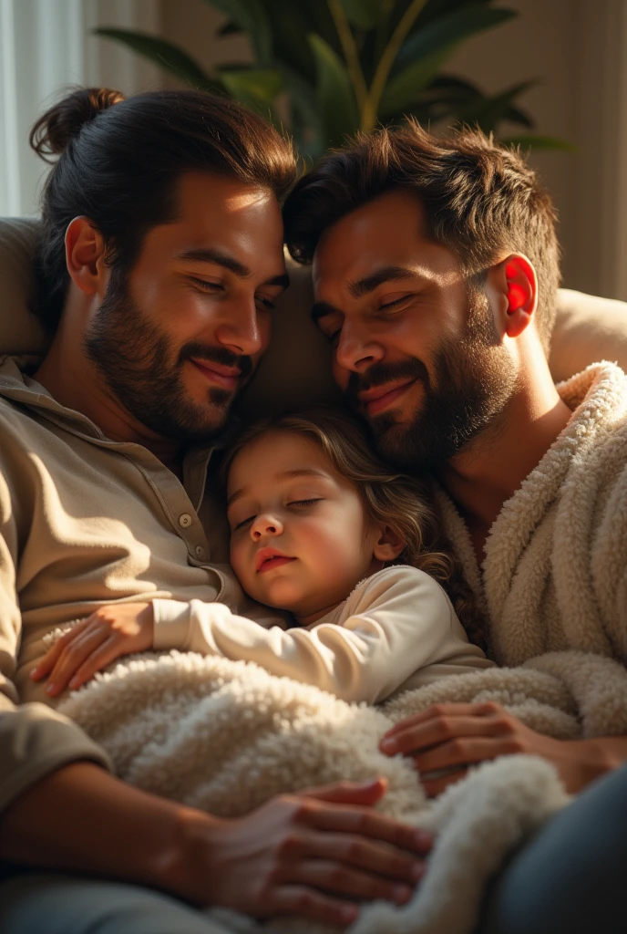 a little beautiful girl sitting on a 2 hot man’s laps with a blanket on the girl snuggled into his chest comfortably sleeping and the guy talking with his 2 best friend