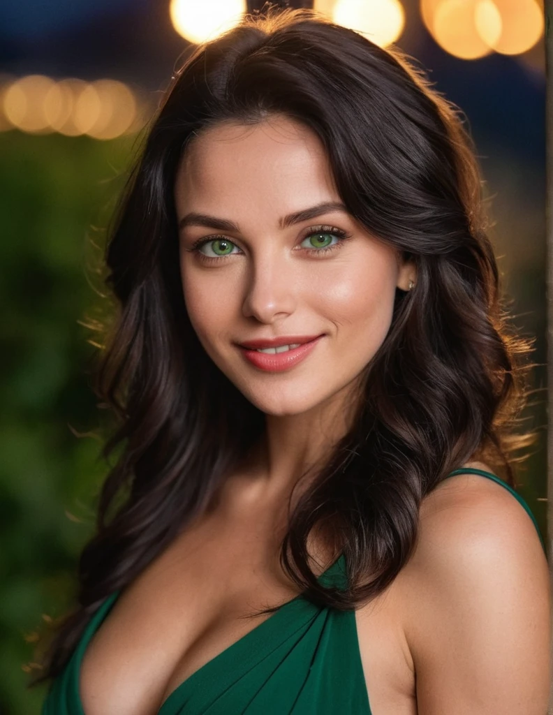 (masterpiece), best quality, expressive eyes, perfect face,soft movie lighting, hdr, complex, highly detailed, ultra-detailed, deep eyes, high and slightly upturned nose, clear jawline, slightly upturned cheekbones, real, real person, hyper-realistic, delicate skin, texture, a young and beautiful woman ,realistic,lustrous skin,smile,suspender dress, (wide hips), red dress, outdoors, night, lips, long hair, green eyes, black hair, wavy hair, evening gown
