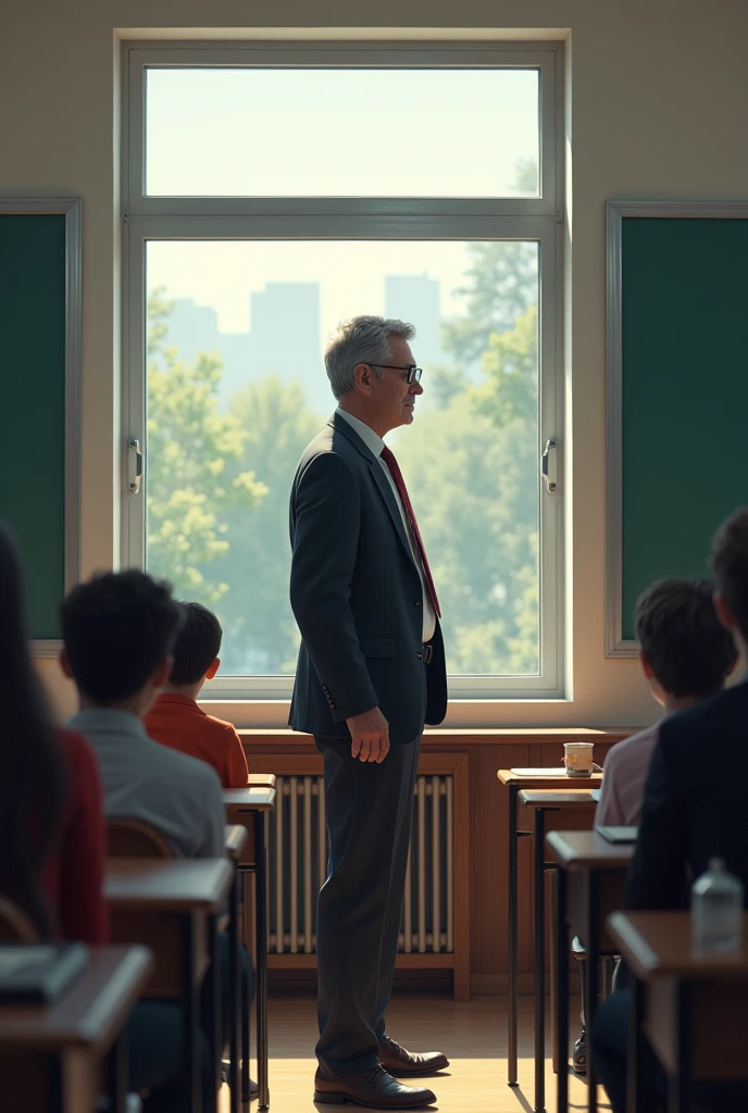 The teacher stood up and went to the classroom window.