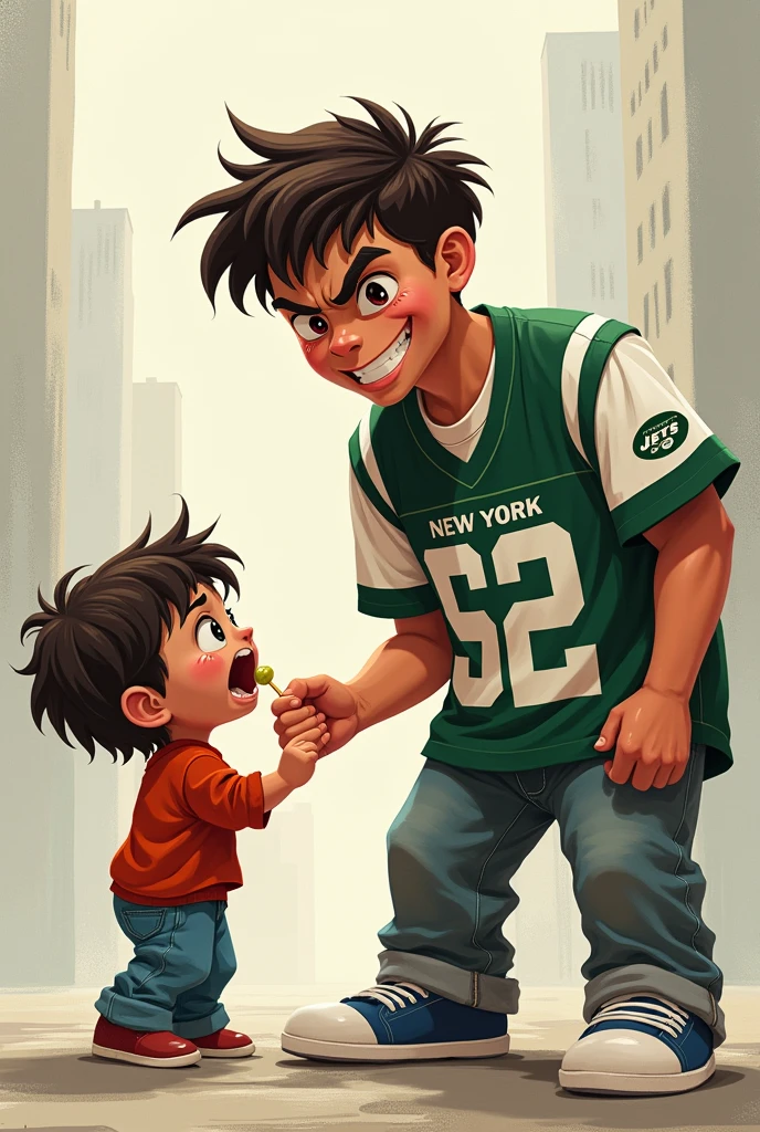 A fat teenager with a jets hoodie stealing a lollipop from a kid and the kid is crying. 