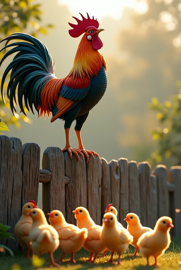 A rooster crowing on top of a wooden fence And some chicks looking on