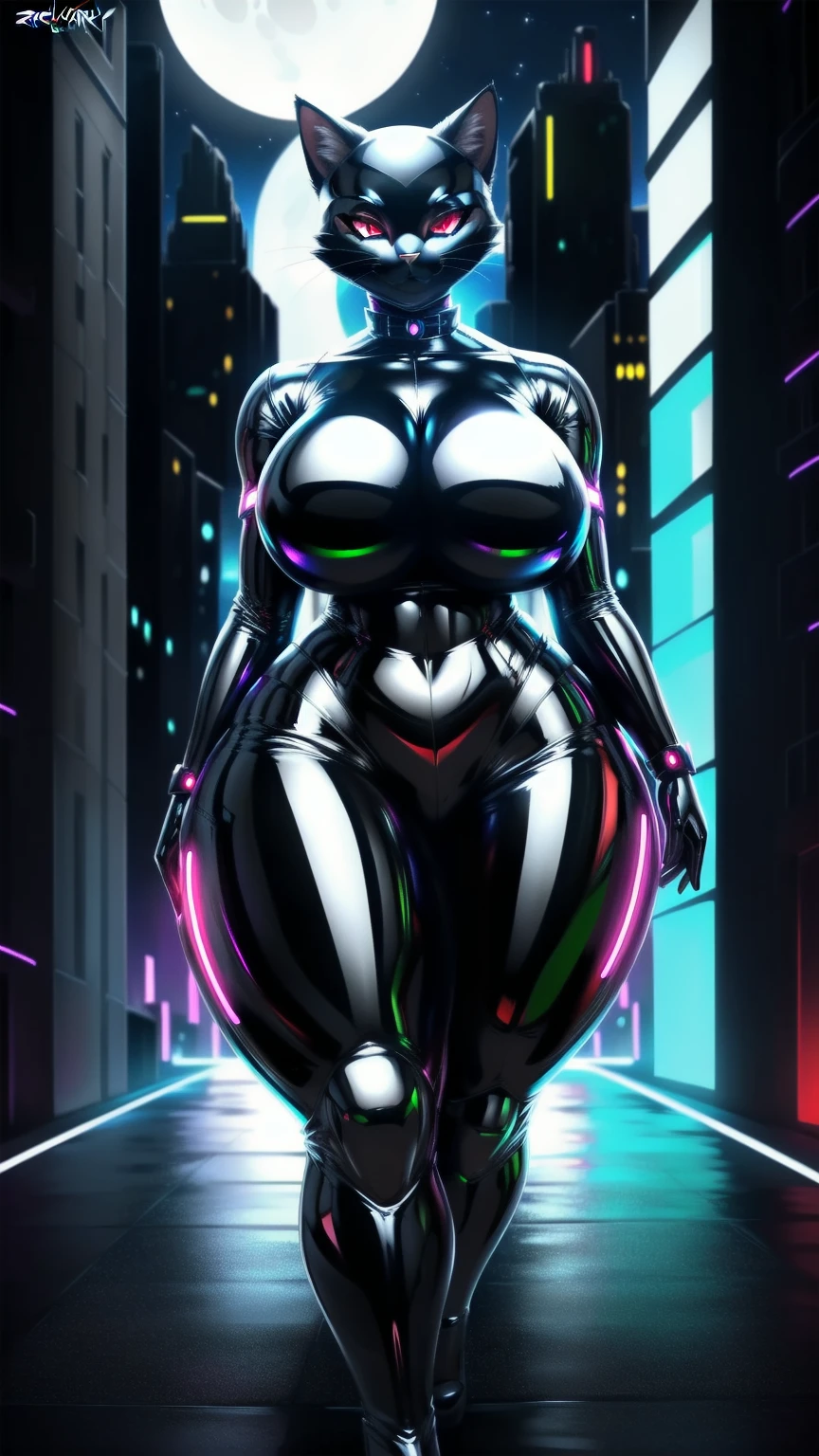 MASTERPIECE, BEST QUALITY,REALISTIC SHADING, ((made by zackary911 art style)), catwoman furry version, (pose looking directly at the viewer while she walking freely through the dark night neon city), Dc comics, supervillain sexy female furry sexy catwomanthief, ((sexy black cat woman with red eyes and a very tight amd simple black latex suit)), VERY TALL AND STRONG BODY, BIG natural BREASTS, BIG natural BUTT, PERFECT ATHLETIC BODY, PERFECT CAT FEMALE curvy voluptuous female perfect sexy BODY, CUTE sexy FACE adorable, IN A dark epic futuristic AT NIGHT, inocent happy face