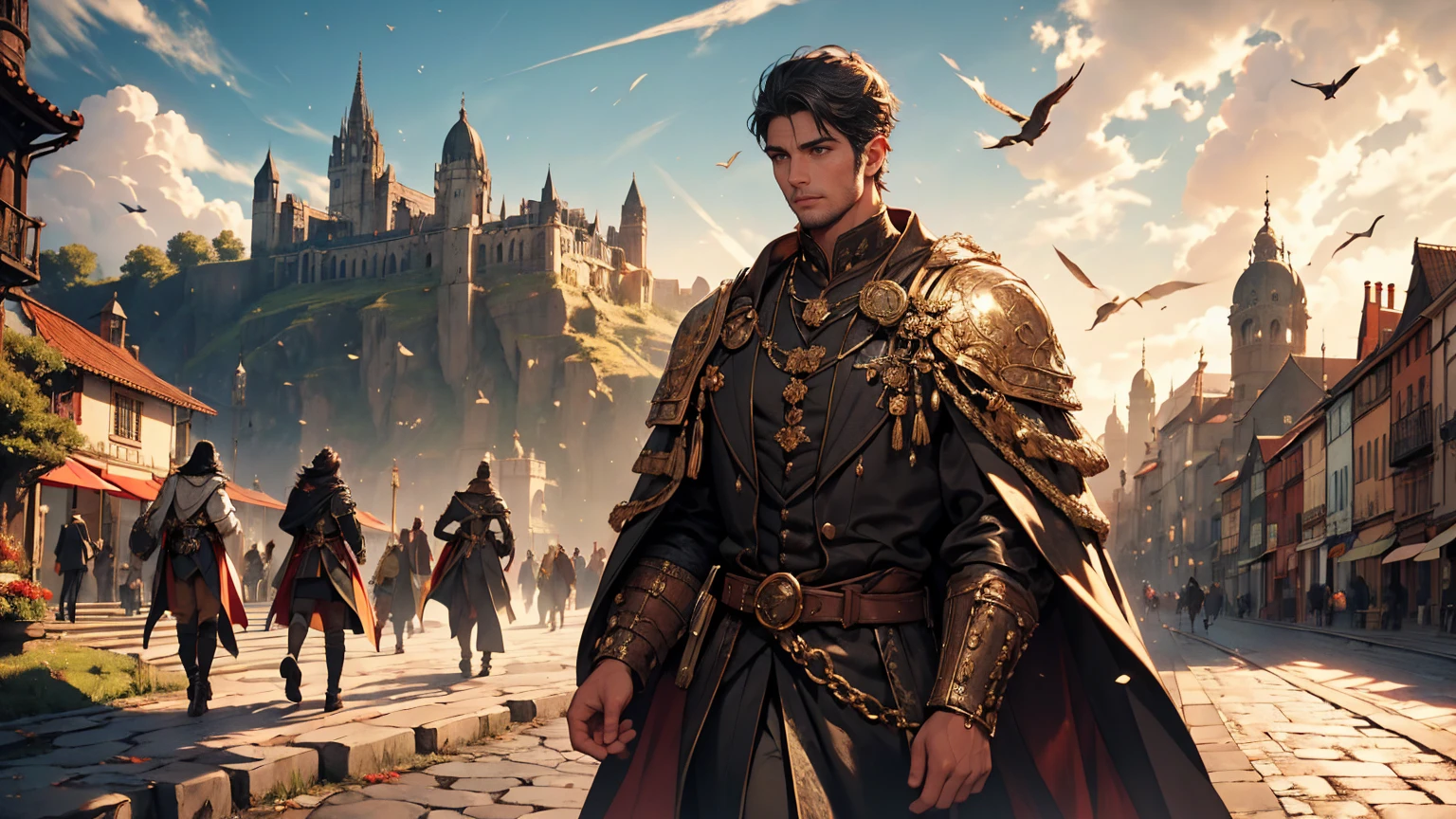 A handsome guy with short black hair wearing black and gold princely clothes, walking along a cobblestone marble road next to the city in a medieval fantasy theme. (best quality, 4k, highres, masterpiece:1.2), ultra-detailed, (realistic:1.37) Additional details: The guy has a sword on his belt. His black and gold clothes are adorned with intricate embroidery and metal buckles. The road is filled with a multitude of people, with birds flying overhead. The city's walls and palace can be seen in the distance, against a backdrop of lush green mountains. (medieval, fantasy-themed:1.2) Color palette: Deep and rich neutral tones, with accents of gold and red. (rich, reddish colors) Lighting: Moonlight streaming through the clouds, casting long shadows on the white marble road. (moonlight, scary, dramatic shadows)