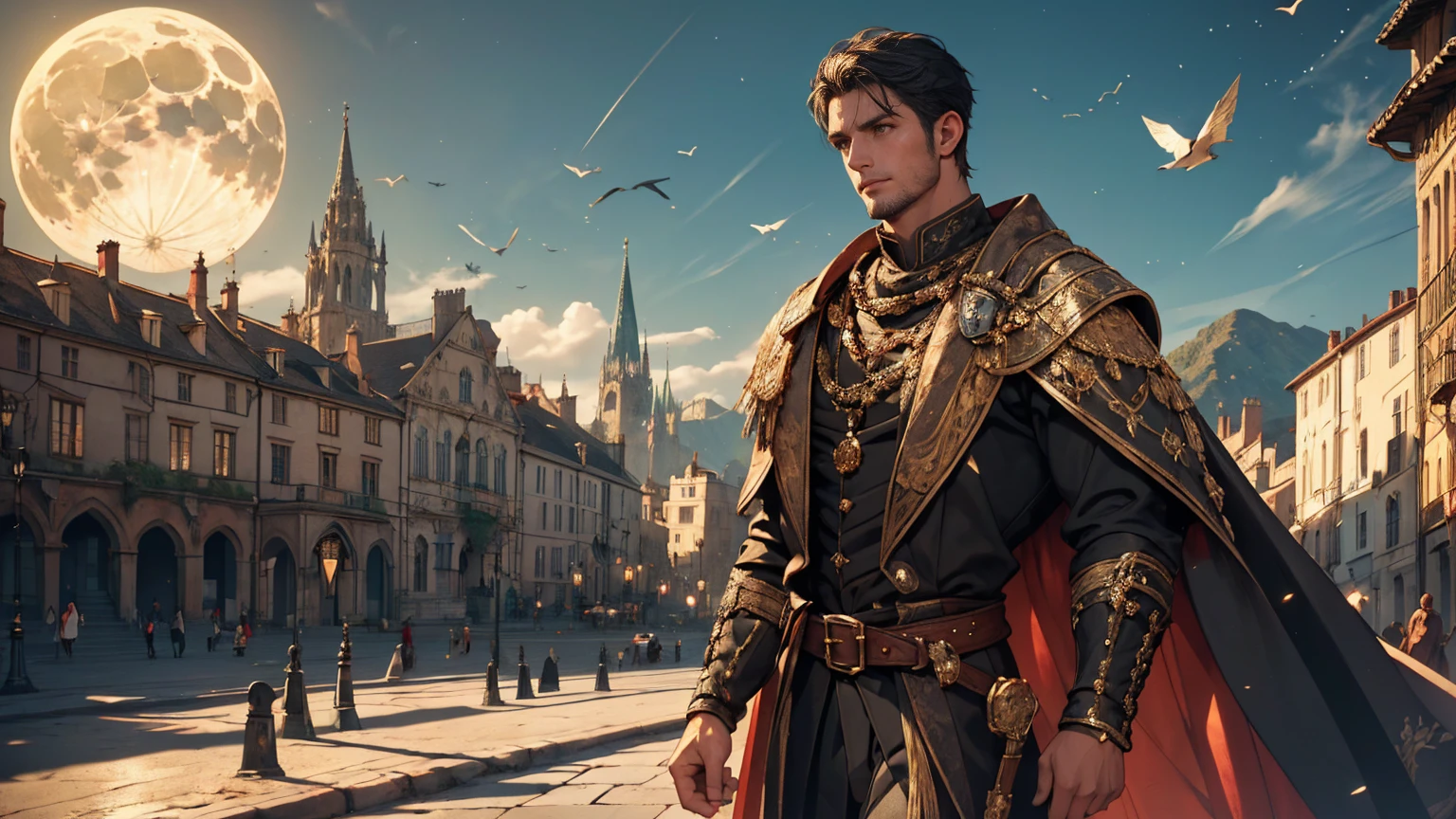 A handsome guy with short black hair wearing black and gold princely clothes, walking along a cobblestone marble road next to the city in a medieval fantasy theme. (best quality, 4k, highres, masterpiece:1.2), ultra-detailed, (realistic:1.37) Additional details: The guy has a sword on his belt. His black and gold clothes are adorned with intricate embroidery and metal buckles. The road is filled with a multitude of people, with birds flying overhead. The city's walls and palace can be seen in the distance, against a backdrop of lush green mountains. (medieval, fantasy-themed:1.2) Color palette: Deep and rich neutral tones, with accents of gold and red. (rich, reddish colors) Lighting: Moonlight streaming through the clouds, casting long shadows on the white marble road. (moonlight, scary, dramatic shadows)