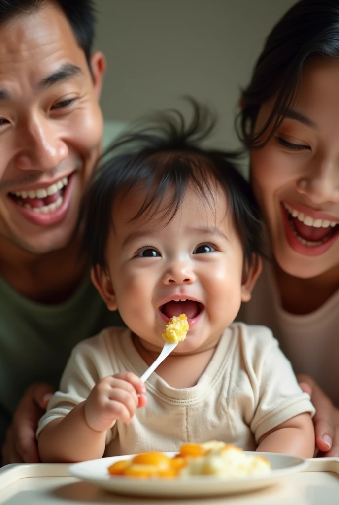 an indonesian baby celebrating her 6 month old age, sitting in a baby chair receiving her first solid meal. The baby is quite hairy. Look happy and delightful. her parents look surprised standing at each her side. Photo realistic UHD image.  All facing camera