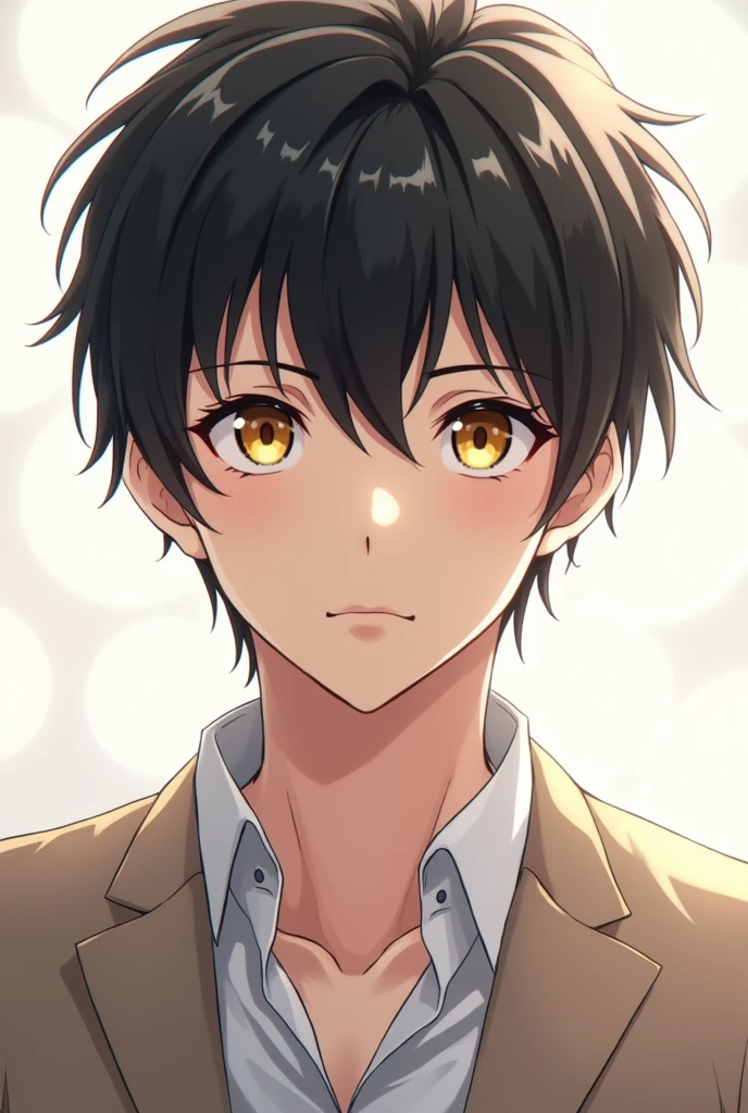 ((Best Quality)), ((masterpiece)), ((detailed)), ((High Definition)), A high school student in anime style, with honey-colored eyes and black hair. He is handsome and attractive