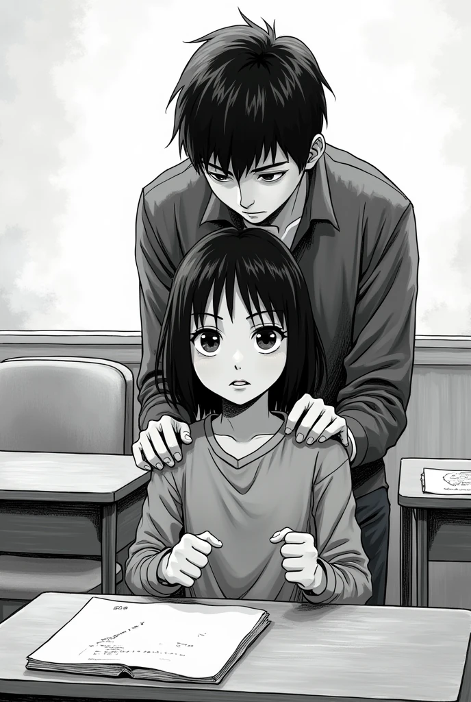 A  teenager with Asian appearance being teased by a single boy in a classroom alone in black and white manga style at 8 x 8 cm
