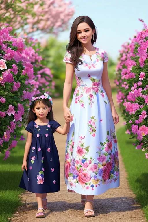 Mother and daughter on a flowery walk in a dress with 3D flowers