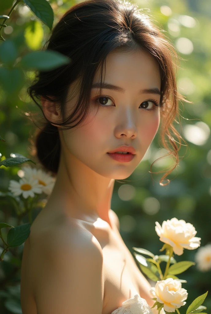 a beautiful naked asian woman, detailed face, alluring eyes, full lips, long lashes, flawless skin, graceful pose, elegant, serene expression, sunlit garden background, soft natural lighting, muted color palette, cinematic composition, delicate details, intricate textures, masterpiece, high resolution, photorealistic