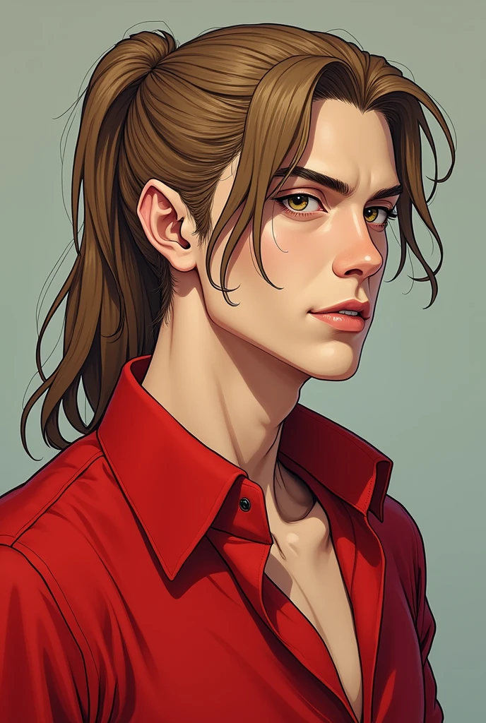 Create a non-existent man with Mullet hair, Caucasian skin, Light brown bun hair, beautiful light brown eyes. red shirt