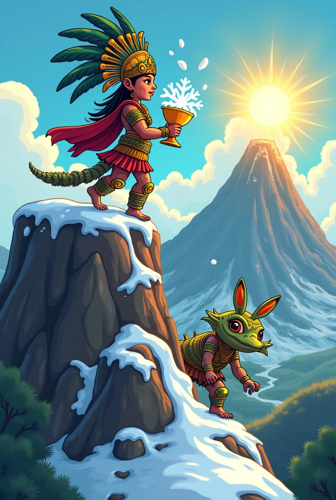 create a cartoon-style logo showing an Aztec warrior climbing the steep slopes of the Popocatépetl volcano to bring sacred snow to a mystical axolotl. the warrior will be dressed in traditional Aztec attire and will carry a carefully protected snowflake in a golden cup. The axolotl, waiting at the base of the volcano, will be depicted with a wise and mystical aura, symbolizing a guardian of ancient traditions. I will include elements such as mountainous terrain, the golden snow cup and traditional Aztec patterns. the colors will reflect the purity of the snow, the warmth of honey and the mysticism of legend.