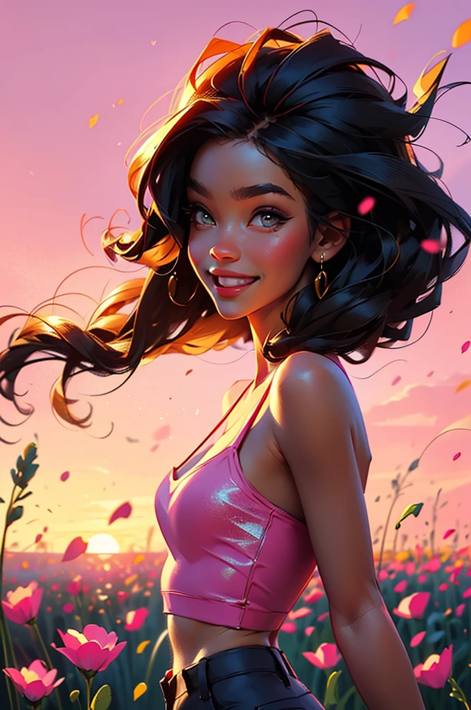 dark skinned and radiant
, half body portrait of a beautiful woman in a pink cami and cargo pants with navy blue teal hairstyle with head in motion and long hair flying, big smile, Happy, sexy, in a flower field, golden sunset, particles dust, glitter, paint splashes, splatter, outrun, vaporware, shaded flat illustration, digital art, trending on artstation, highly detailed, fine detail, intricate