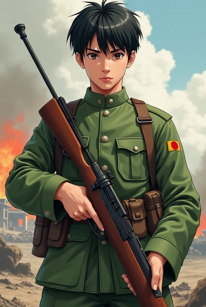 Riko man , anime , green Japanese soldier suit from World War II , arisaka type 99 rifle in hand