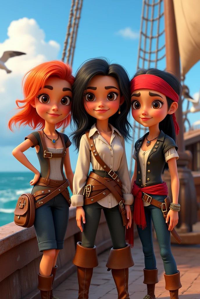 Three female child pirates at Pixar, two with red hair and one with black hair