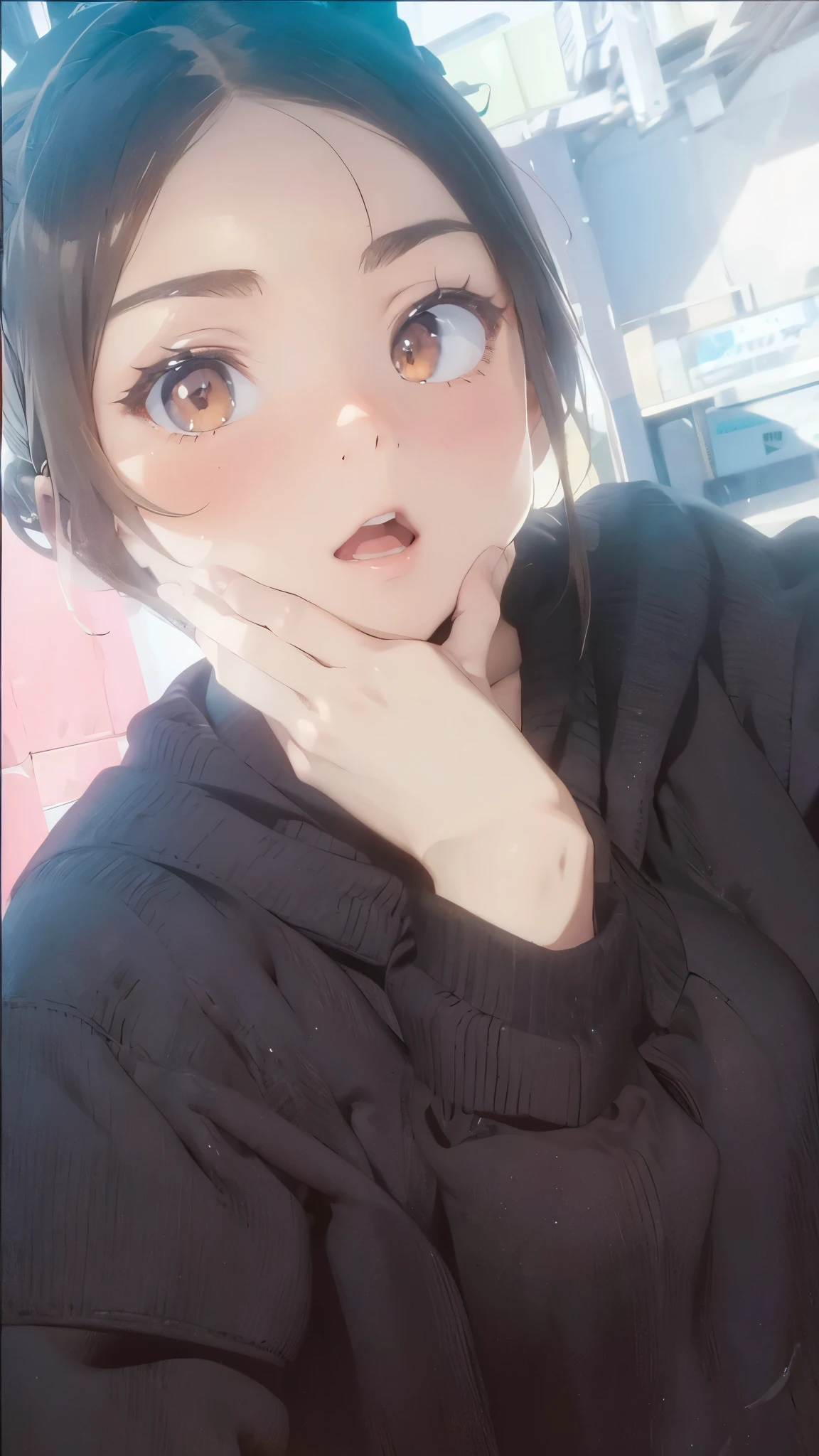 Anime girl, brown hair, brown eyes, her hand is under her jaw