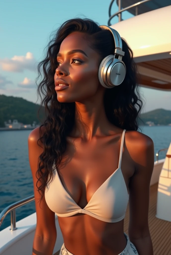 Create a standing portrait of a beautiful , Black woman with beautiful caramel skin. She is listening to music with stylish, luxury headphones in a luxury yatch