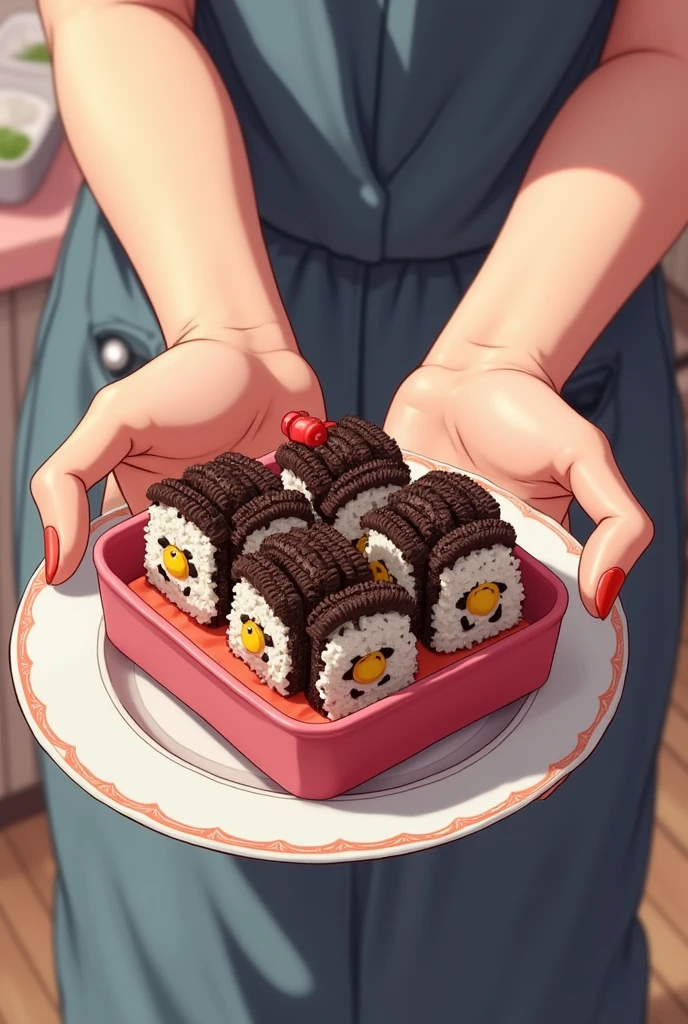 Person holding a plate with oreo sushi on top in an anime container
