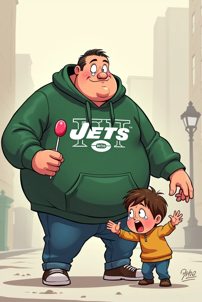 A fat adult with a jets hoodie stealing a lollipop from a ??? while running away and the kid is crying.