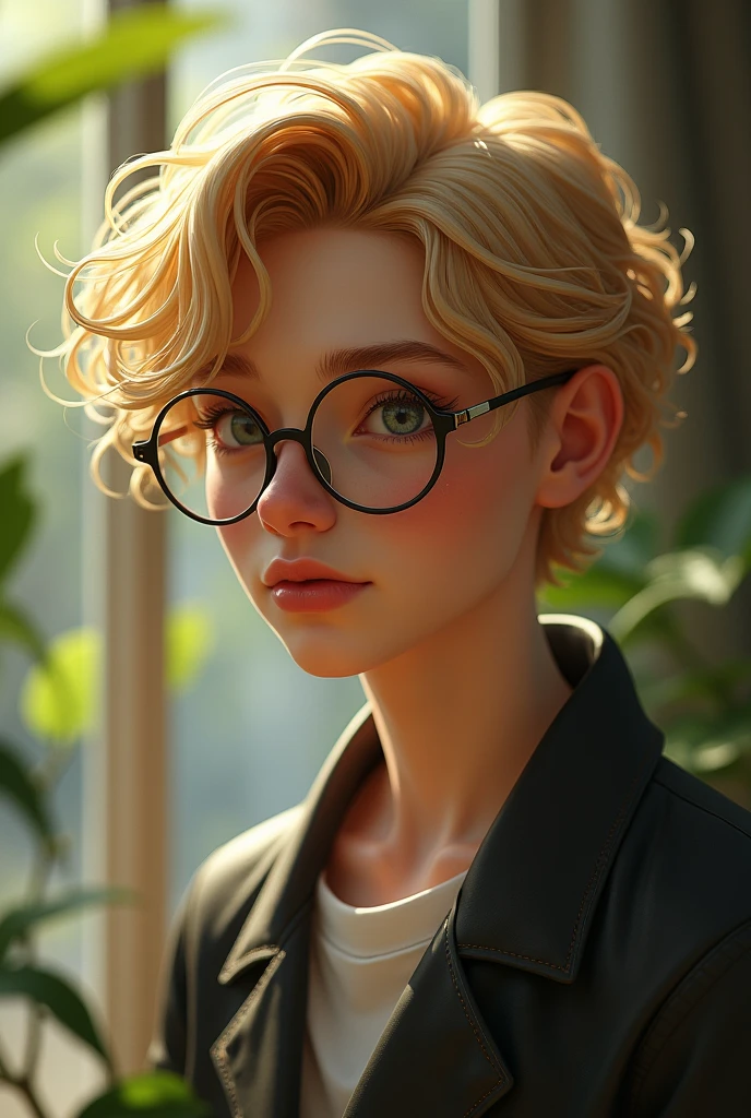 I want a male ager who wears glasses, has golden hair with curls, is tall and thin