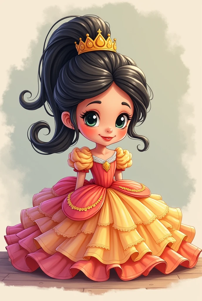 Drawing Cartoon girl wearing a Beautiful volume and fluffy dress , make it like Princess You sit on the floor full bady Painted in beautiful colors with 2d drawing and make black outline more details