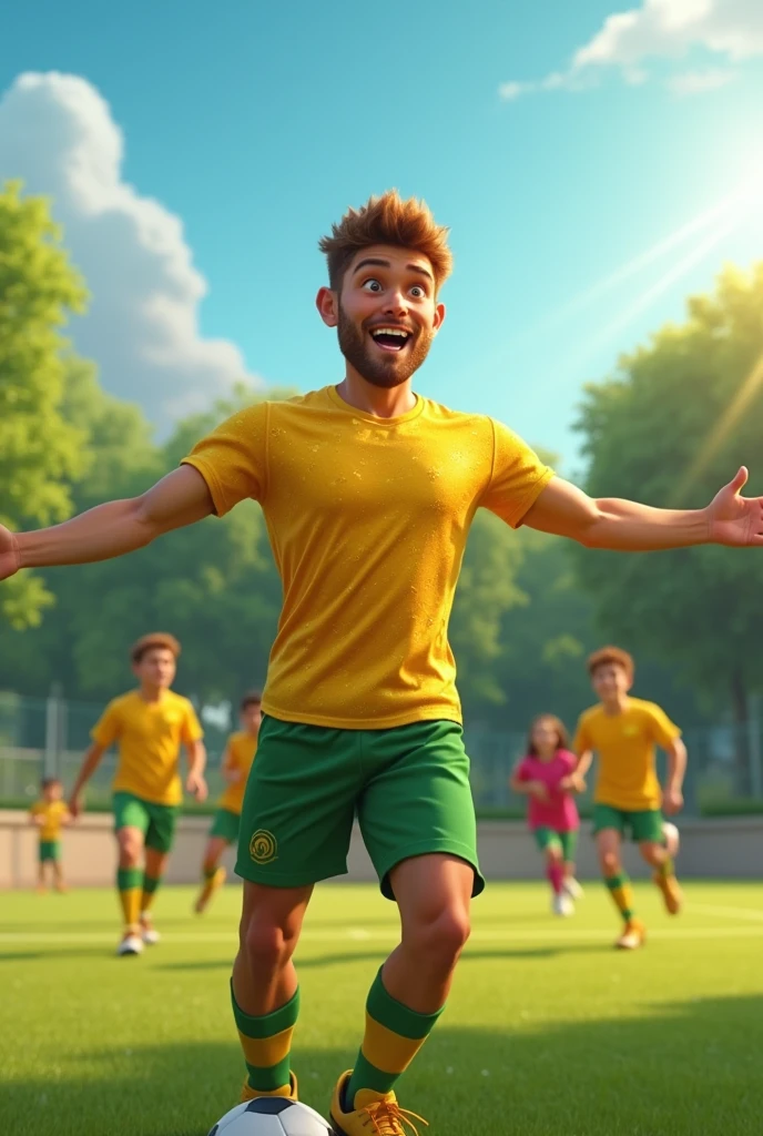 a young white guy with brown hair and eyes being a physical education teacher on a soccer field and wearing a shiny gold shirt and green shorts