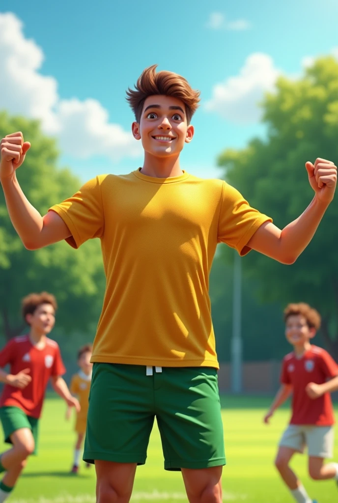 a young white guy with brown hair and eyes being a physical education teacher on a soccer field and wearing a shiny gold shirt and green shorts