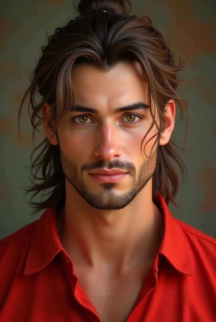 Create a Man with Mullet Hair, Caucasian skin, Light brown bun hair, beautiful light brown eyes. red shirt