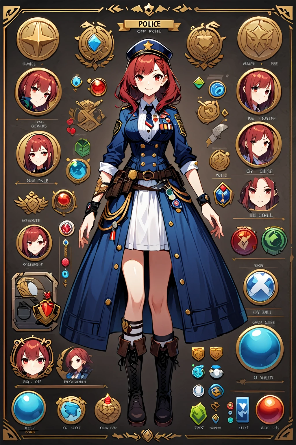 Framed Presentation of a police, woman character design sheet for a video game with detailed accessories, boots, multiple icons, and police costume, Ball Gown, buttons to customize the character to your liking, sphere,(game icon),medal icon,rpg,