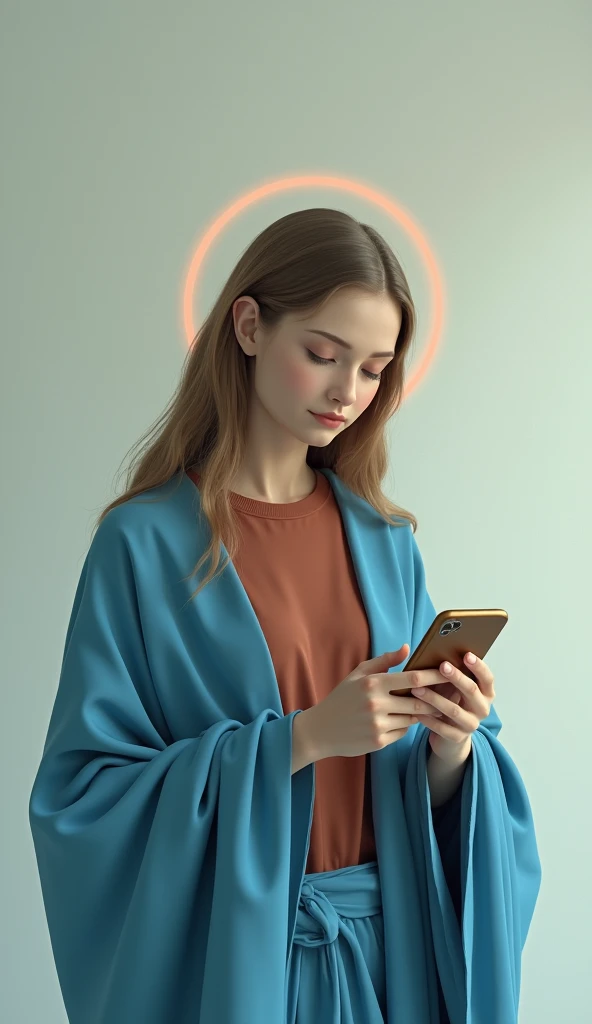 A very beautiful modern Virgin Mary , Reddish beige T-shirt with blue cloak and veil, Halo, Taking a selfie with a smartphone