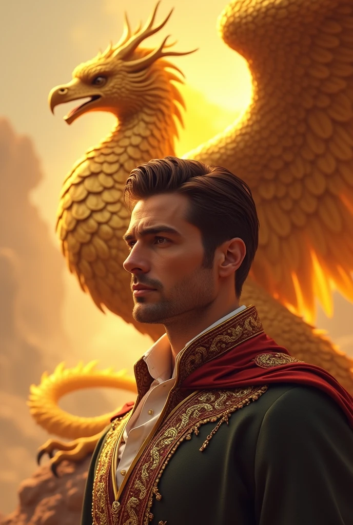An American prince.
Her short brown hair and her honey-colored eyes.
Behind him a golden-colored dragon phoenix.
Must have American features.