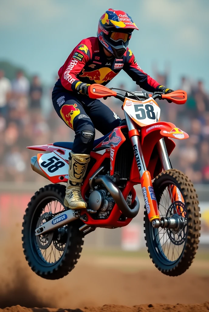 Supercross biker redbull suit motorcycle Suzuki rmz450 jumping whip image from behind name lucho number 58