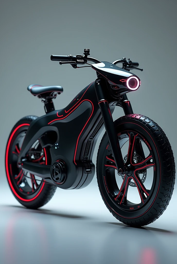 Create the Image of the Futuristic Bicycle Frame Structure: Full length: 1,9 meters. full width: 0,6 meters. The frame must have a fluid and aerodynamic design. Imagine a sleek, sculpted shape, with soft, curved lines, in the shape of a Cheetah. wheels: Tamanho das wheels: 29 inches. Thin and light rims, with a spiral inner spoke design. The wheels must fit well with the aerodynamic design of the frame. seating: Altura do seating: Adjustable from 0,75 a 1,5 meters. The seat must have an ergonomic and futuristic shape, possibly with a textured surface and electrically adjustable. handlebar: Altura do handlebar: Adjustable from 1,0 a 1,3 meters. The handlebars should have an adjustable design and be integrated with a control screen., arrows and sensors on a futuristic panel with electronic controls. Strong pedals with LEDs and directional arrows. Brakes and Transmission: Hydraulic disc brakes with a futuristic design and integrated sensors. Magnetic induction gear chain drive system with 12 gears visible and discreetly integrated into the frame. electrical system: The more discreet battery and solar panel should be integrated into the frame. The battery must be compact and the solar panel must be discreet, located in a strategic location of the frame. Lighting: LEDs integrated into the frame, prominent headlight in the shape of a cheetah&#39;s head and psychedelic wheels. Lighting should be automatically adjustable based on ambient light. Sensors and Technology: Sensors and displays integrated throughout the frame and sport handlebars. They must be ideal and integrated in such a way as not to distract from the elegant and aggressive design.. Maximum weight 2,5 kg the whole bike