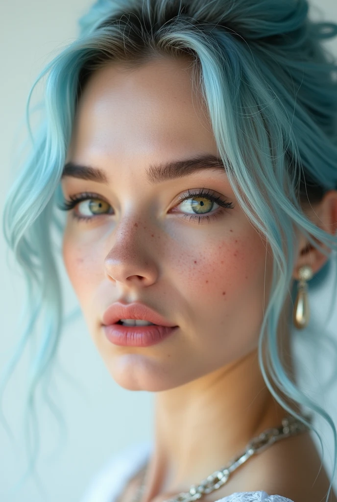 a photo of an extremely beautiful woman with light blue hair and hazel green eyes, she has freckles on her face, the girl is wearing makeup in pastel colors, the background color should be white, the lighting must look soft and natural, the composition of the picture will focus on the details of facial features and expressions, capturing their beauty and personality, the overall tone or mood should radiate confidence and elegance, 