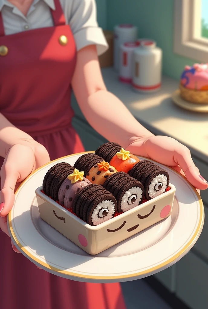Person holding a plate with oreo sushi on top in an anime container