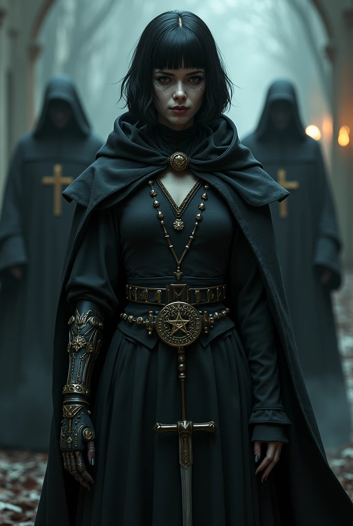 A pale girl with short black hair, from the middle ages 3D, realisitic, arcane style, in dark alchemist clothes with a steampunk prosthetic left arm with a pentagram, cut on the face, Dagger at the waist, with a religious group behind, the night, tenebrosa.