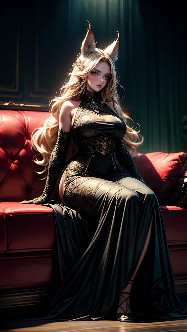 young intricate woman in a battle field with a majestic bow in her hand, beautiful woman, long blonde hair, bright green eyes, green eyes, pale white skinned, smiling expression, sitting on a couch, wearing sexy clothes, very long ears, wide angle lens f/2.8, ultra insane high resolution intricate textures, texture indentation, perfect perspective, perfect geometry, ultra insane ambient lighting, ultra insane ambient shadows, wearing black and red colored clothes, luminism, ultra detailed busy background, tessellation, maximalism, perfectionism, IPA Award wining masterpiece, curvy figured woman. Full body.