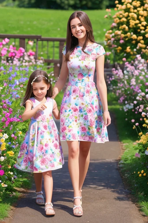 Mother and daughter on a flowery walk in a dress with 3D flowers 