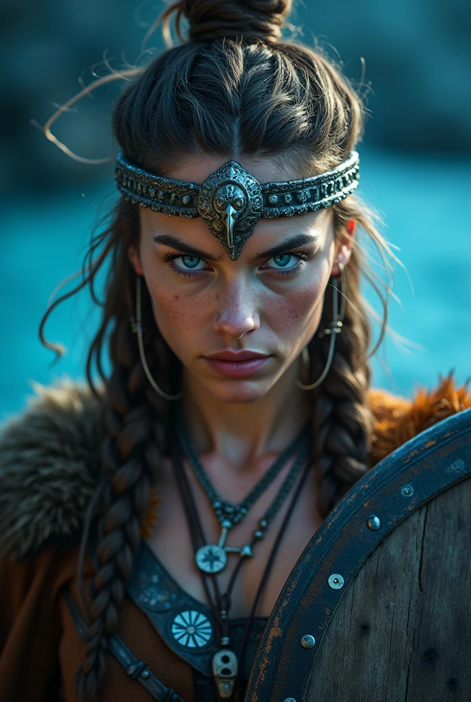 Close up face beautiful viking woman, wooden shield in hand , strong blue light in the eyes, eagle crown , viking drawing on eyes, Angry, bone ornaments on the neck, battle armor, focused, braids in hair