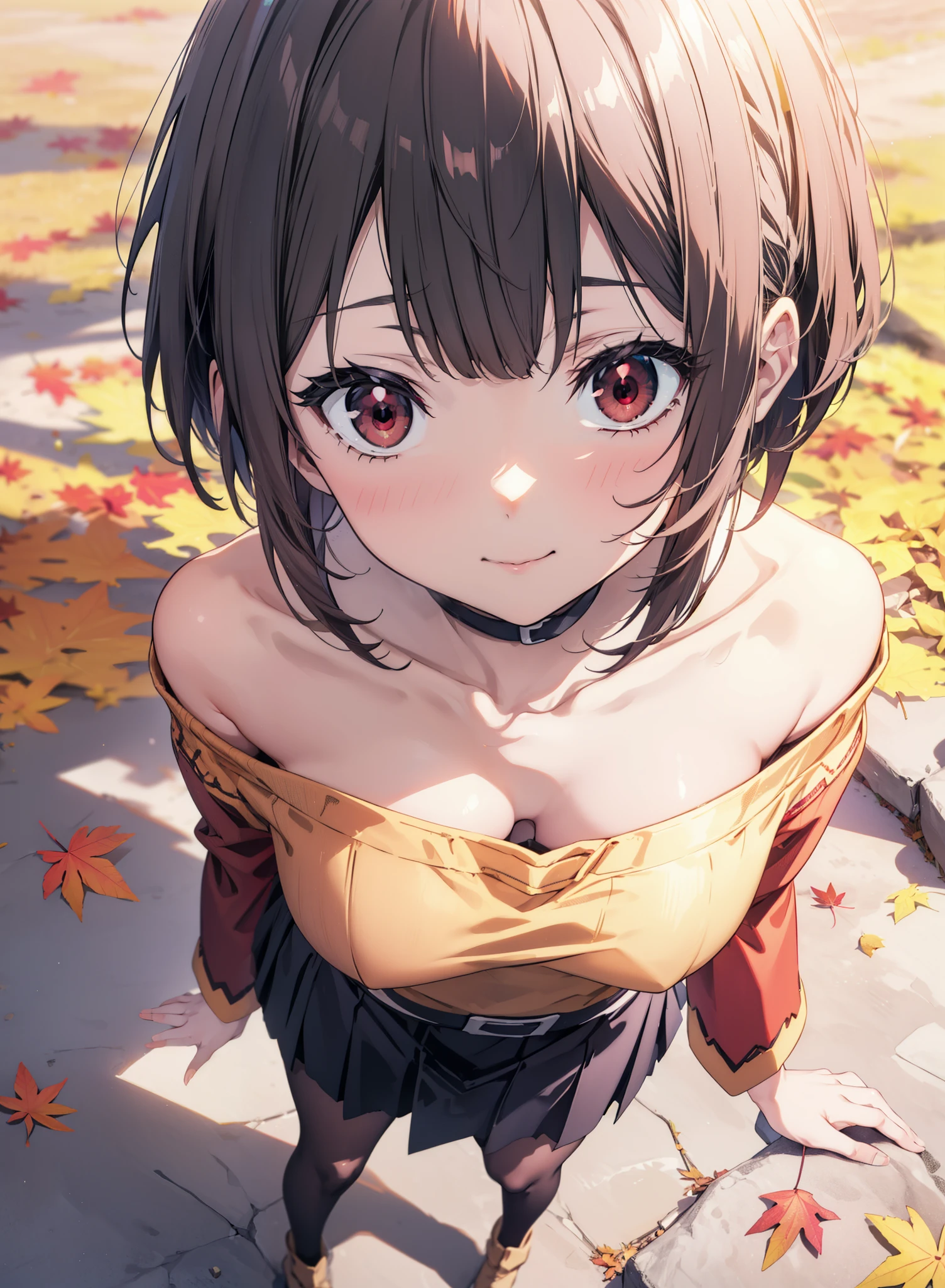 konosubaMegumin, Megumin, short hair, Black Hair, (Red eyes:1.3), short hair with long locks,smile,One-shoulder sweater,mini skirt,Black pantyhose,short boots,autumn leaves,autumn leavesが積もっている,autumn leavesが散っている,Walking,Daytime,Clear skies,whole bodyがイラストに入るように,
break outdoor, forest,
break looking at viewer,whole body,
break (masterpiece:1.2), Highest quality, High resolution, unity 8k wallpaper, (figure:0.8), (Beautiful attention to detail:1.6), Highly detailed face, Perfect lighting, Highly detailed CG, (Perfect hands, Perfect Anatomy),