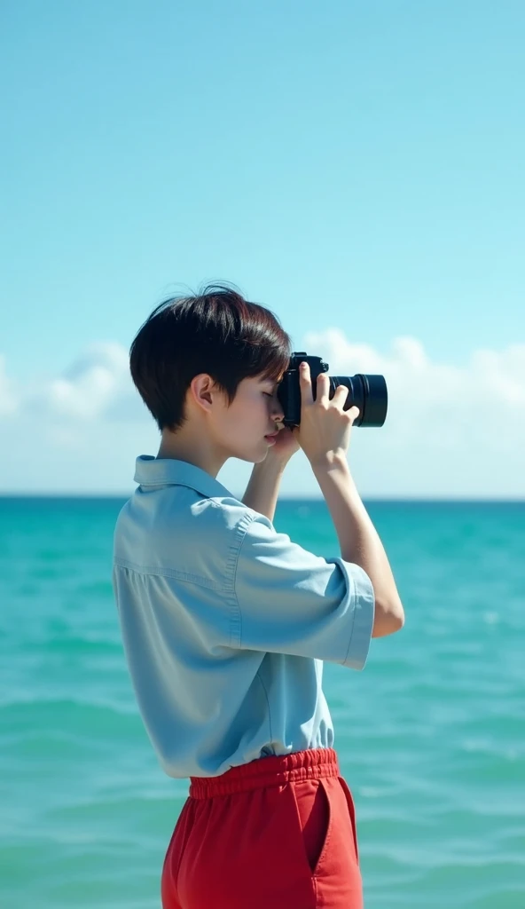 Understood. The following characteristics can be seen in this image: 1.

 - A person is photographed against a sea background.
 - The person is a young woman, holding a camera and taking a picture
 - The woman is wearing a light blue shirt and red shorts.
 - The background shows the ocean and the sky, indicating a sunny day.
 - The woman's hair is in a very short cut style
 - Woman's expression is serious and focused, seemingly engrossed in the photo shoot
