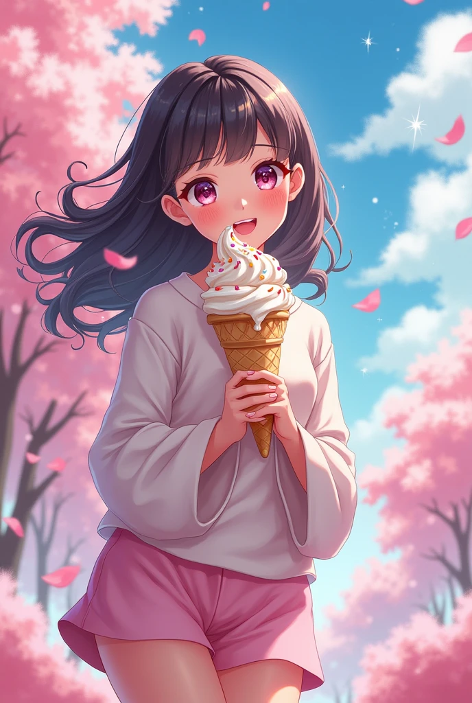 Anime art style, enchanting masterpiece, fisheye lens perspective, playful woman with sparkling eyes, cute expression radiating happiness, oversized ice cream cone topped with colorful sprinkles and creamy swirls, vibrant pastel colors of ice cream hues melting slightly, whimsical fantasy setting with delicate cherry blossom trees in the background, swirling cotton candy clouds and glimmering stars illuminating the scene, focus on the woman's joyful interaction with her dessert, playfully oversized proportions of her figure and the ice cream cone to amplify the cuteness, cozy park ambiance with soft sunlight filtering through branches, dynamic composition emphasizing curves and angles, creating a sense of movement and energy, atmosphere filled with joy and sugary delight, playful pastel color palette of soft pinks, light blues, and bright yellows enhancing the cheerful mood, digital painting technique adapted for anime style, meticulous detailing in features, sparkling highlights in her hair, dreamy background blending seamlessly with character elements, high-resolution illustration capturing the magic of a sunny afternoon in a fantastical world