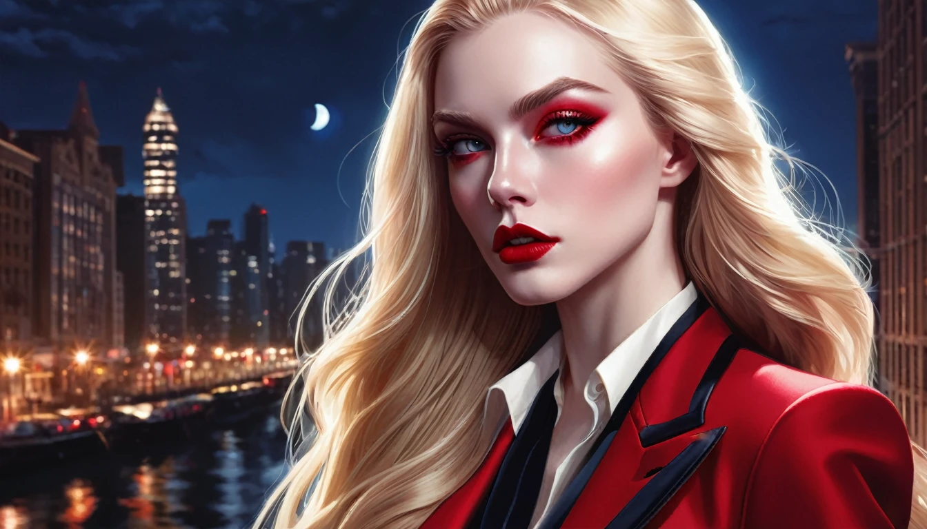 masterpiece, Highest quality, (Focus Only), (Perfect Face:1.1), (Attention to detail:1.1), (Ultra-detailed eyes), dramatic, 1 person, (Pale skin), Long blonde hair, (Red Iris), Focus on the individual, vampire, Long Hair, moon, night, Red luxury suit, Pouting, city, Detailed Background, Art by artgerm, Cinema Lighting, Red Rose, fashion