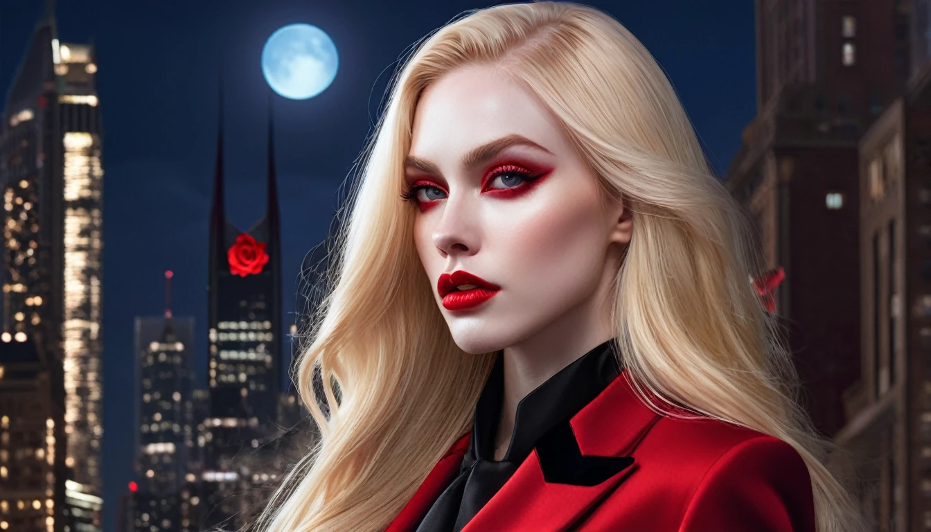 masterpiece, Highest quality, (Focus Only), (Perfect Face:1.1), (Attention to detail:1.1), (Ultra-detailed eyes), dramatic, 1 person, (Pale skin), Long blonde hair, (Red Iris), Focus on the individual, vampire, Long Hair, moon, night, Red luxury suit, Pouting, city, Detailed Background, Art by artgerm, Cinema Lighting, Red Rose, fashion