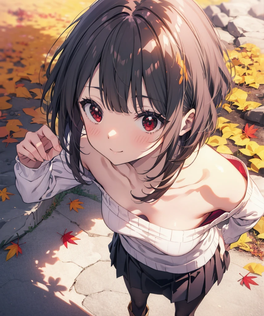 konosubaMegumin, Megumin, short hair, Black Hair, (Red eyes:1.3), short hair with long locks,smile,One-shoulder sweater,mini skirt,Black pantyhose,short boots,autumn leaves,autumn leavesが積もっている,autumn leavesが散っている,Walking,Daytime,Clear skies,whole bodyがイラストに入るように,
break outdoor, forest,
break looking at viewer,whole body,
break (masterpiece:1.2), Highest quality, High resolution, unity 8k wallpaper, (figure:0.8), (Beautiful attention to detail:1.6), Highly detailed face, Perfect lighting, Highly detailed CG, (Perfect hands, Perfect Anatomy),