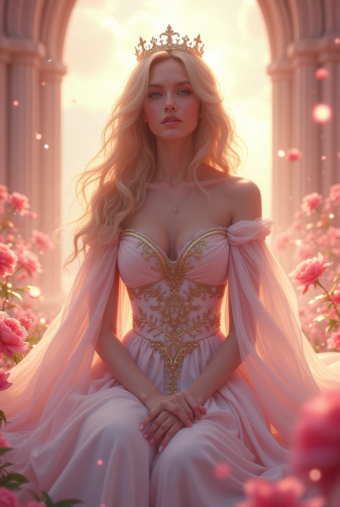 Majestic queen woman pink sitting blonde hair