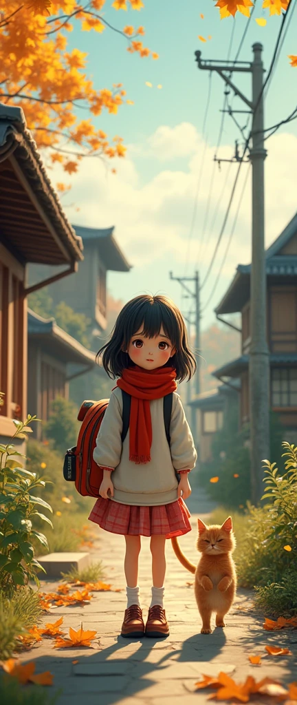 (Best Quality,4k,8k,High resolution,masterpiece:1.2),ultra detailed,sharp focus,(realist,photorealist,photo-realist:1.37), 35mm lens,multiple angles,countryside,suburban,back,side,silhouette,overhead shot,A girl with her backpack, Red scarf, shoes with sock, 2 collections, cat,standing,doll,Carry a small school backpack,tram,Beijing,Autumn season,wooden house,platform, Cloak,Ruan Jia,lasts,Atar, (delicate face), (Fine, fluffy fur),(35mm cinema lens),(multi-angle shooting),(Many viewing angles)